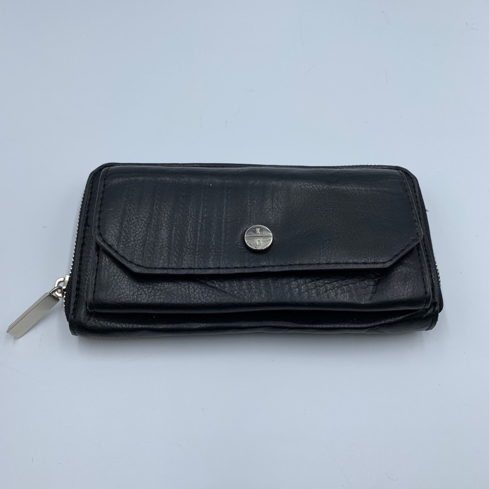 Kenneth Cole Reaction Zip Around Trifold Wallet Womens Black Faux Leather Logo